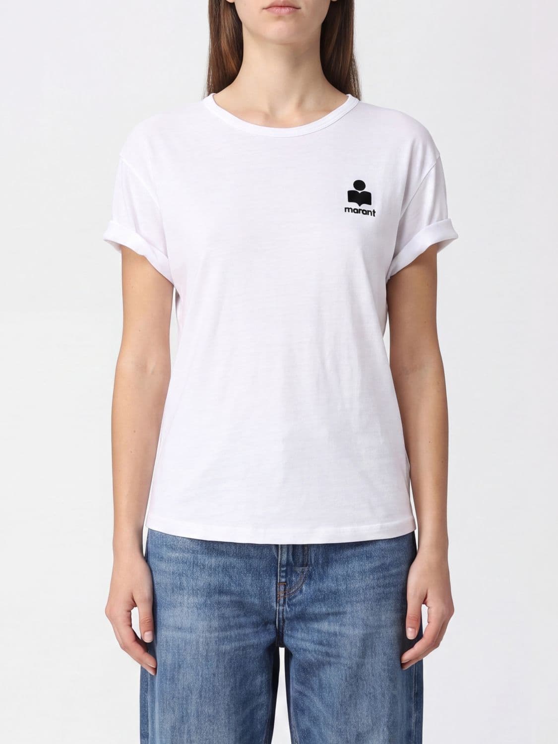 Isabel Marant Etoile Slim Fit Linen T-shirt with Flocked Logo and Dropped Shoulders