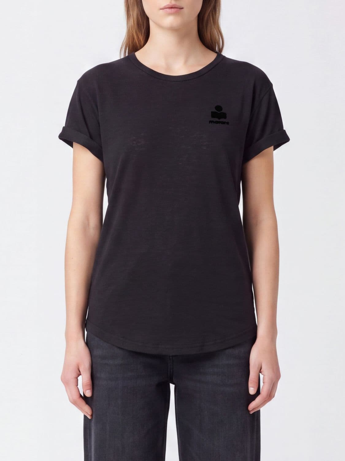 Isabel Marant Etoile Slim Fit Linen T-shirt with Flocked Logo and Dropped Shoulders