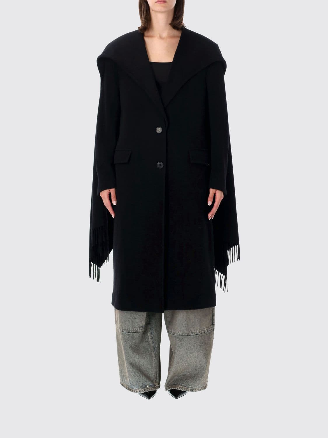 The Attico Long Single-Breasted Wool and Cashmere Coat with Fringes and Shawl Collar