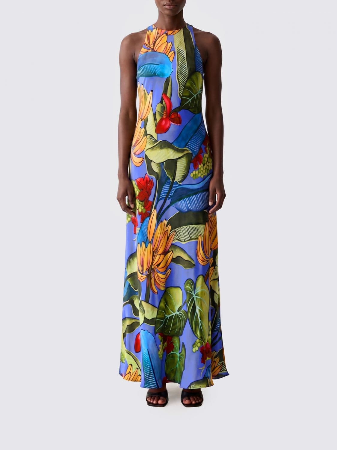 Farm Rio Banana Grapes Floral Print Long Dress with Halter Neck