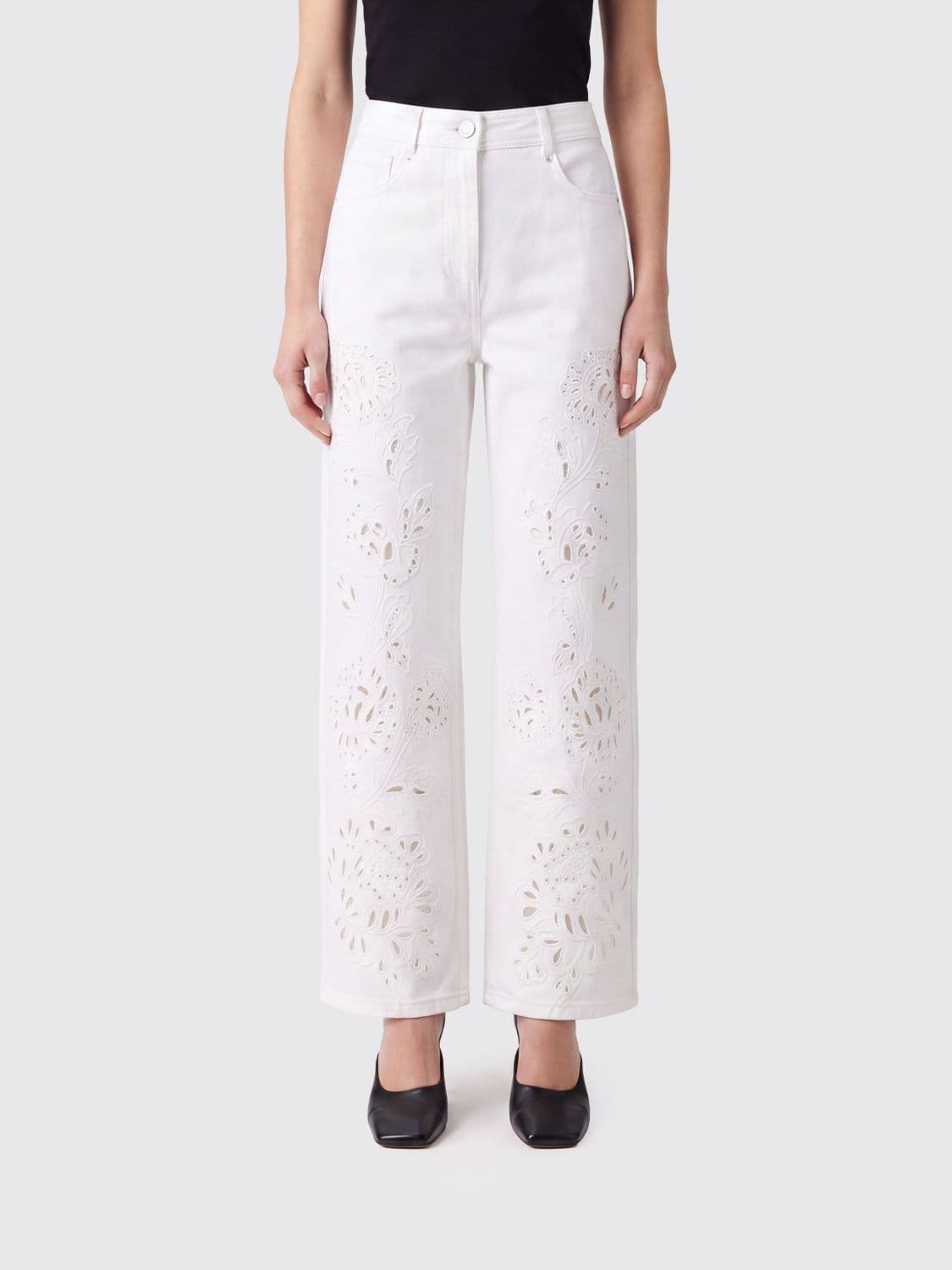 Farm Rio Richelieu High-Waisted Straight Cotton Trousers with Lace Inserts