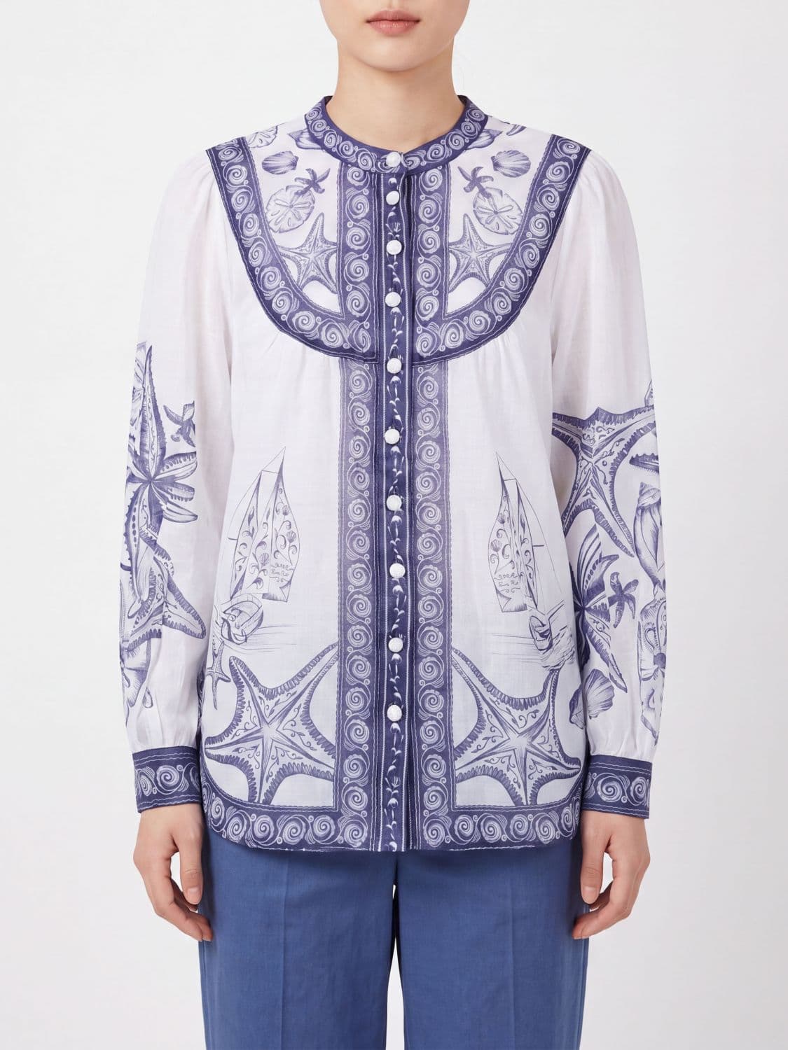 Farm Rio Off-White Coast Ramie Shirt with Mandarin Collar