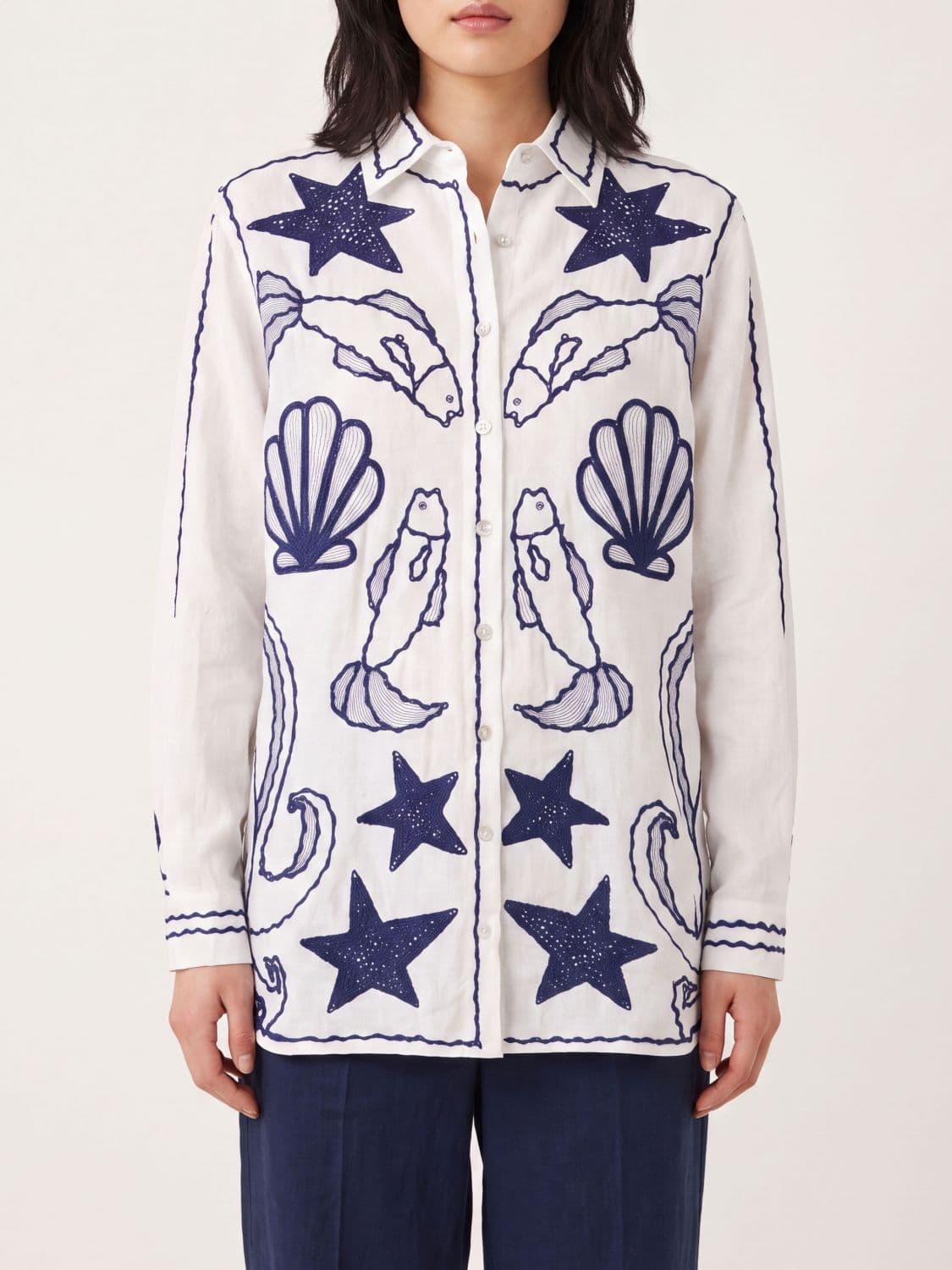 Farm Rio Off-White Fresh Fish Long-Sleeved Linen Blend Shirt