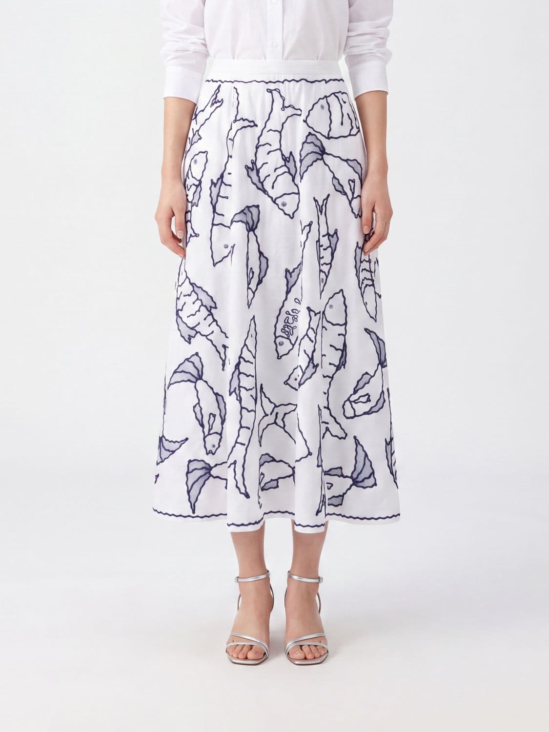 Farm Rio Fresh Fish Graphic Print Linen Blend A-Line Midi Skirt with High Waist · XS