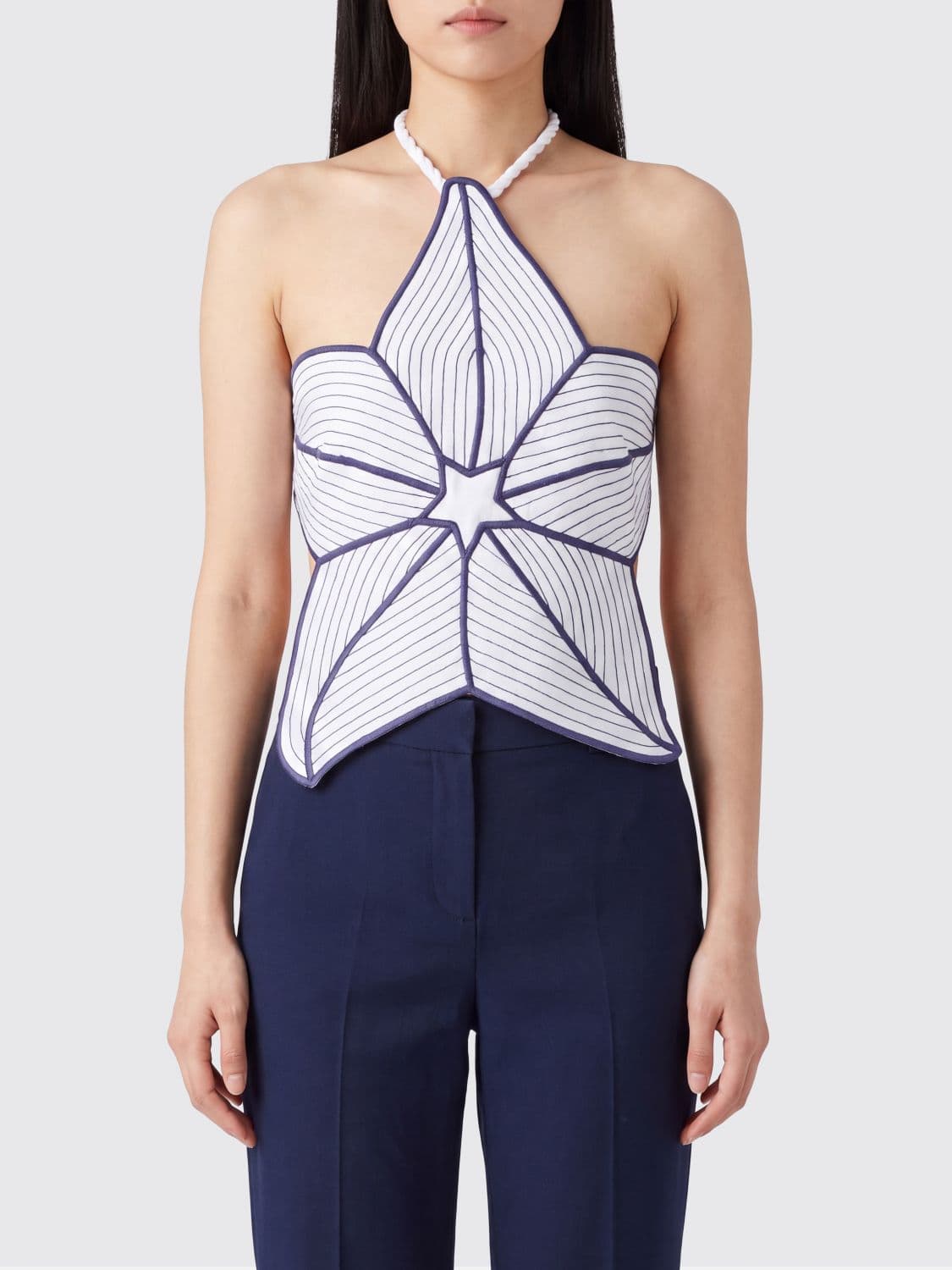 Farm Rio Flower-Shaped Linen Top with Embroidery and Tie-Up Straps · M