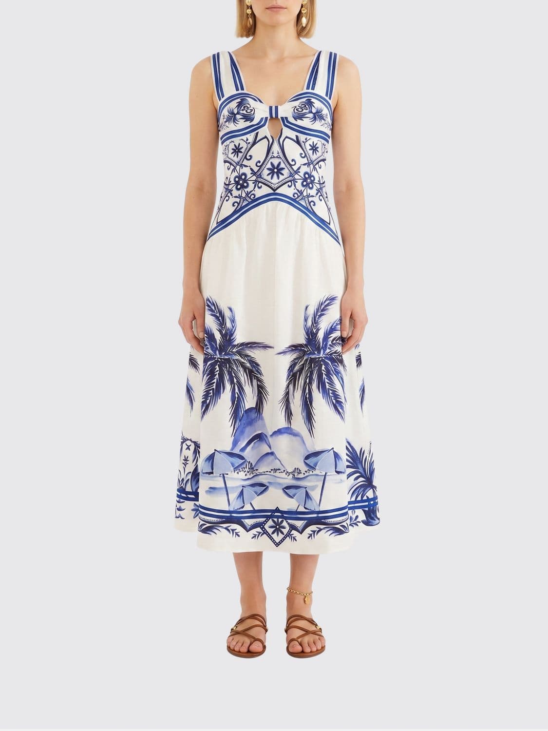 Farm Rio Wonderful City Floral Print Linen Midi Dress with Square Neckline · XS