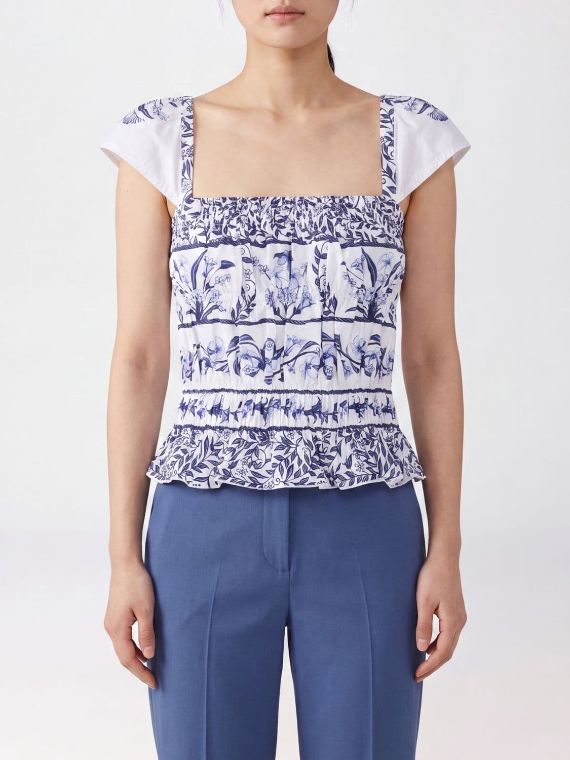 Farm Rio Off-White Flower Floral Print Cotton Top with Square Neckline