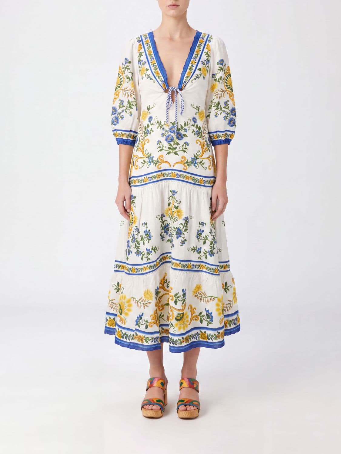 Farm Rio Emily Floral Linen-Blend Chemise Dress with Balloon Sleeves
