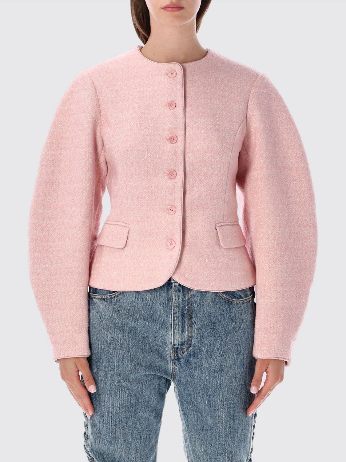 Rotate Cropped Wool-Blend Blazer with Chevron Pattern and Puff Sleeves