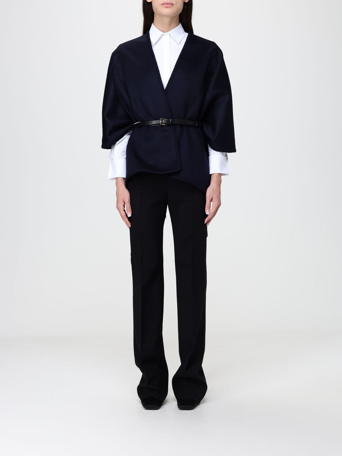 Max Mara Asymmetric Virgin Wool Cape with V-Neck and Adjustable Belt