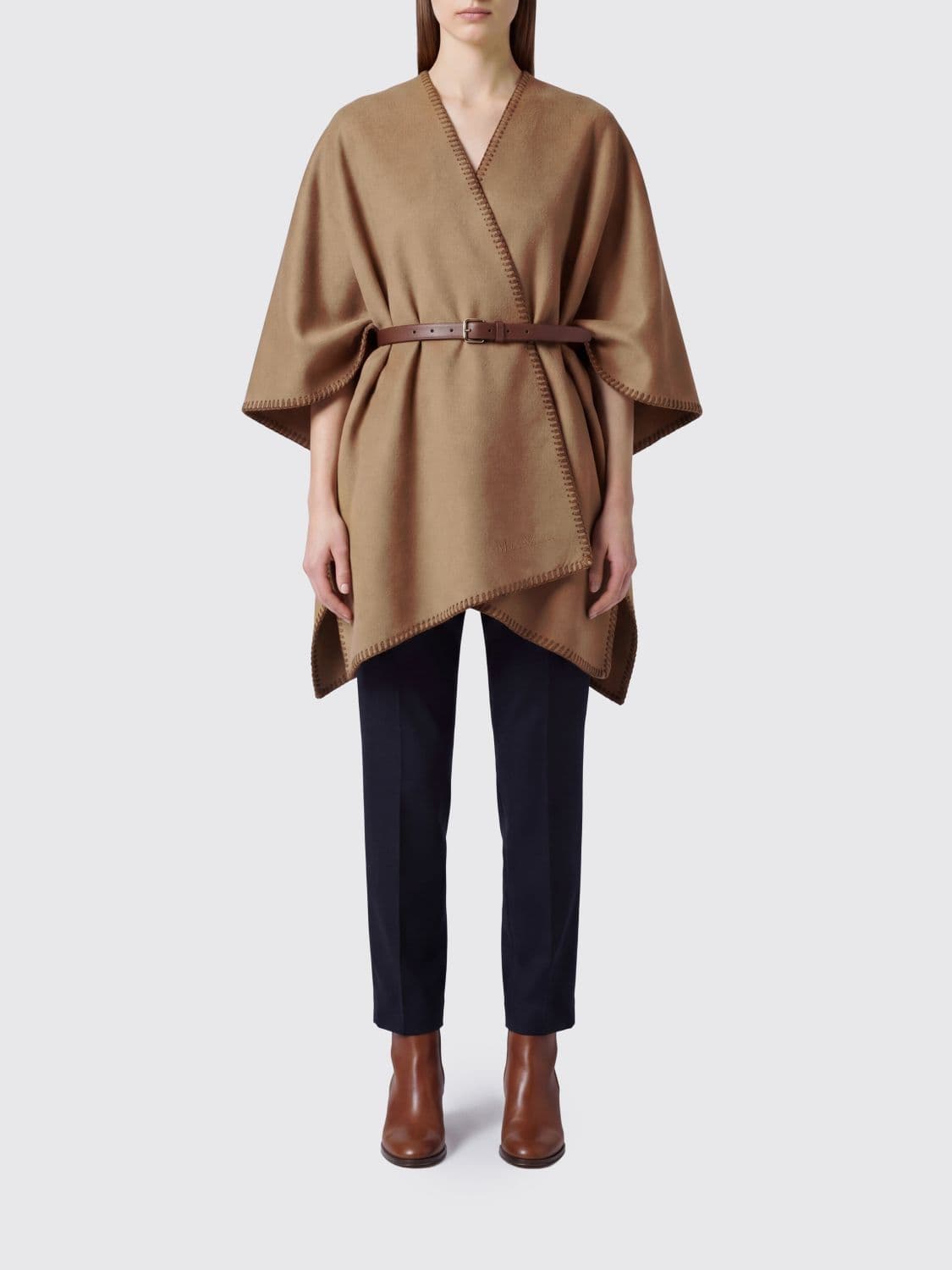 Max Mara Asymmetric Virgin Wool Cape with V-Neck and Adjustable Belt