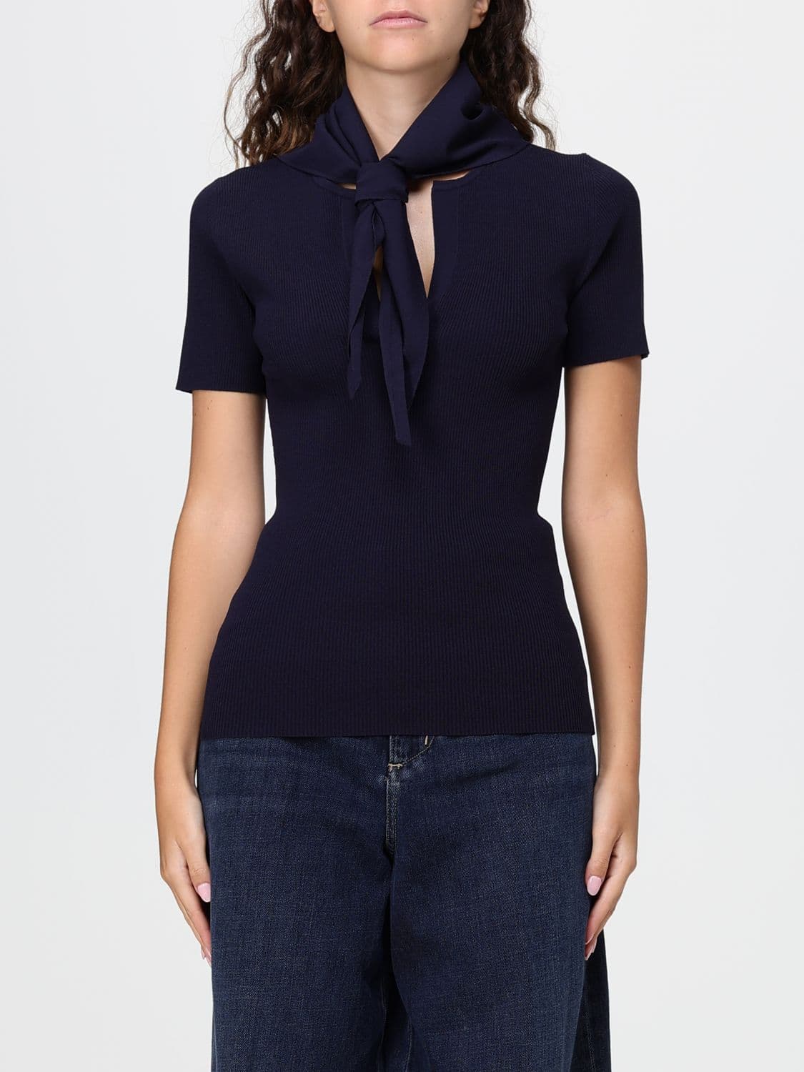 Max Mara Slim Fit Ribbed Knit Top with Scarf Collar