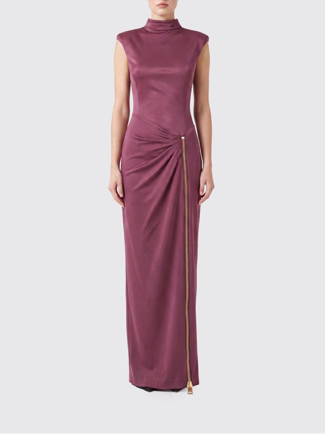 Balmain High-Neck Ruched-Waist Jersey Long Sheath Gown
