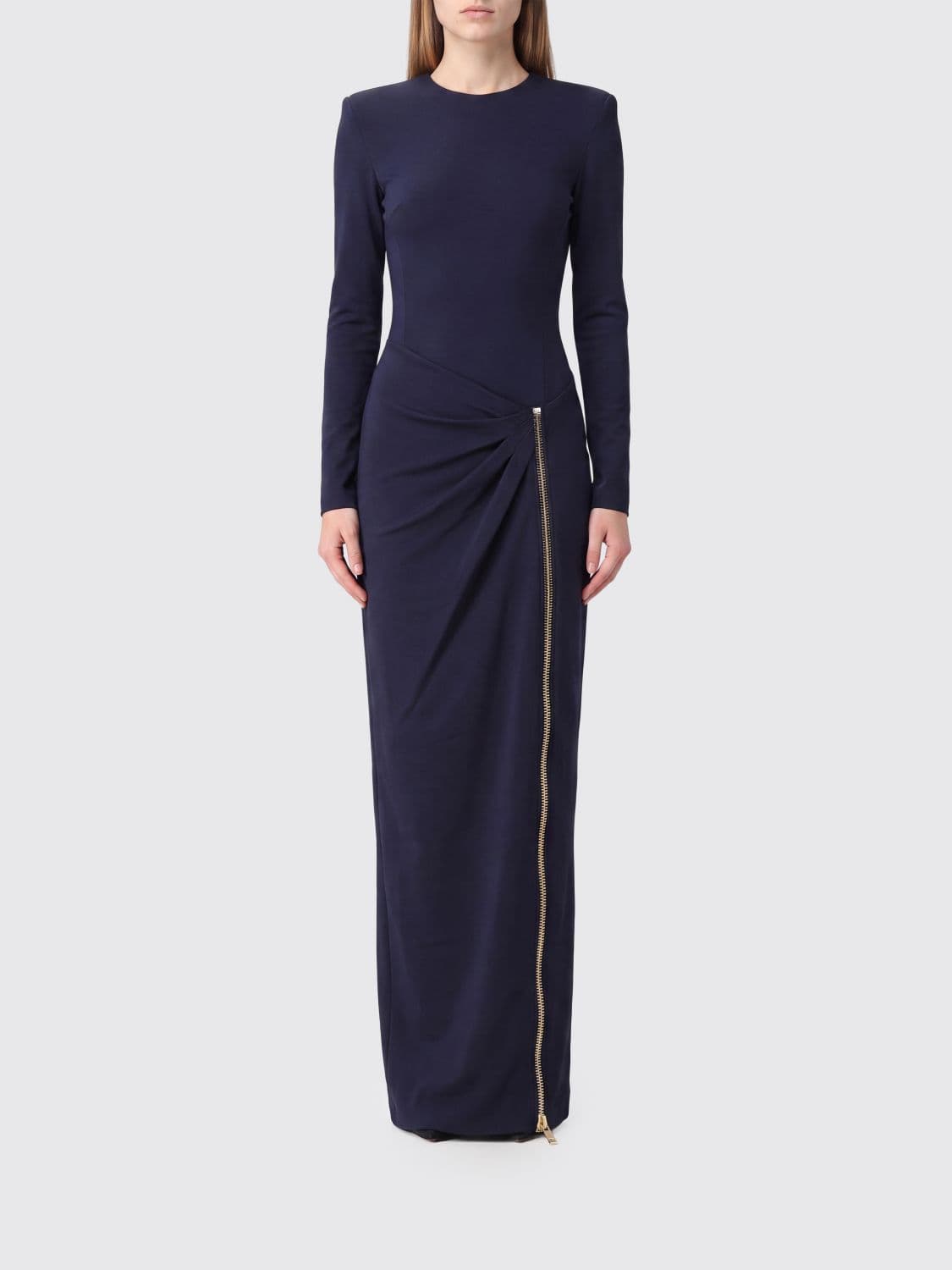 Balmain Padded-Shoulder Long-Sleeved Jersey Sheath Gown