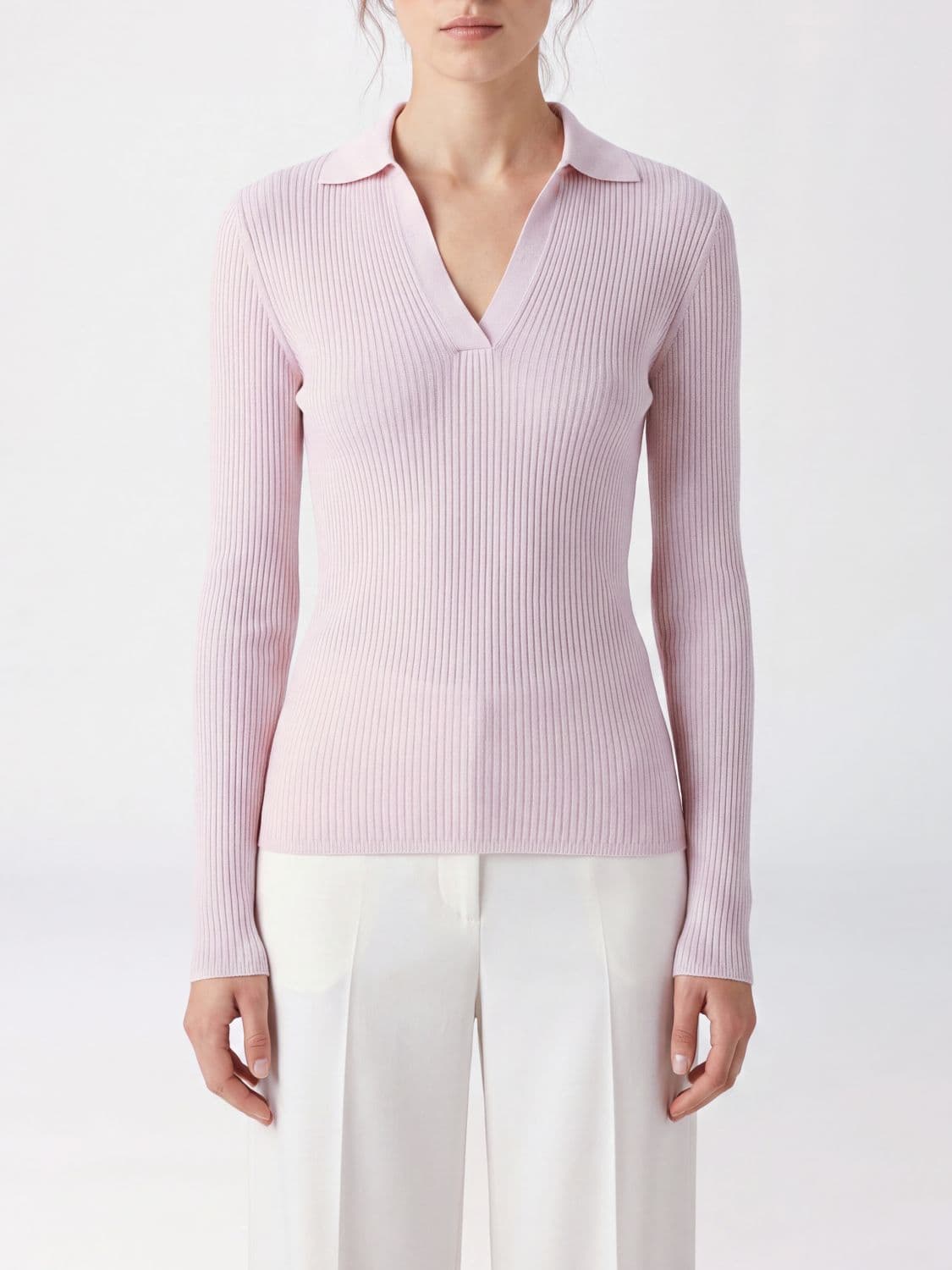 Max Mara Ribbed Silk and Cashmere Knit Polo with V-Neck and Slim Fit