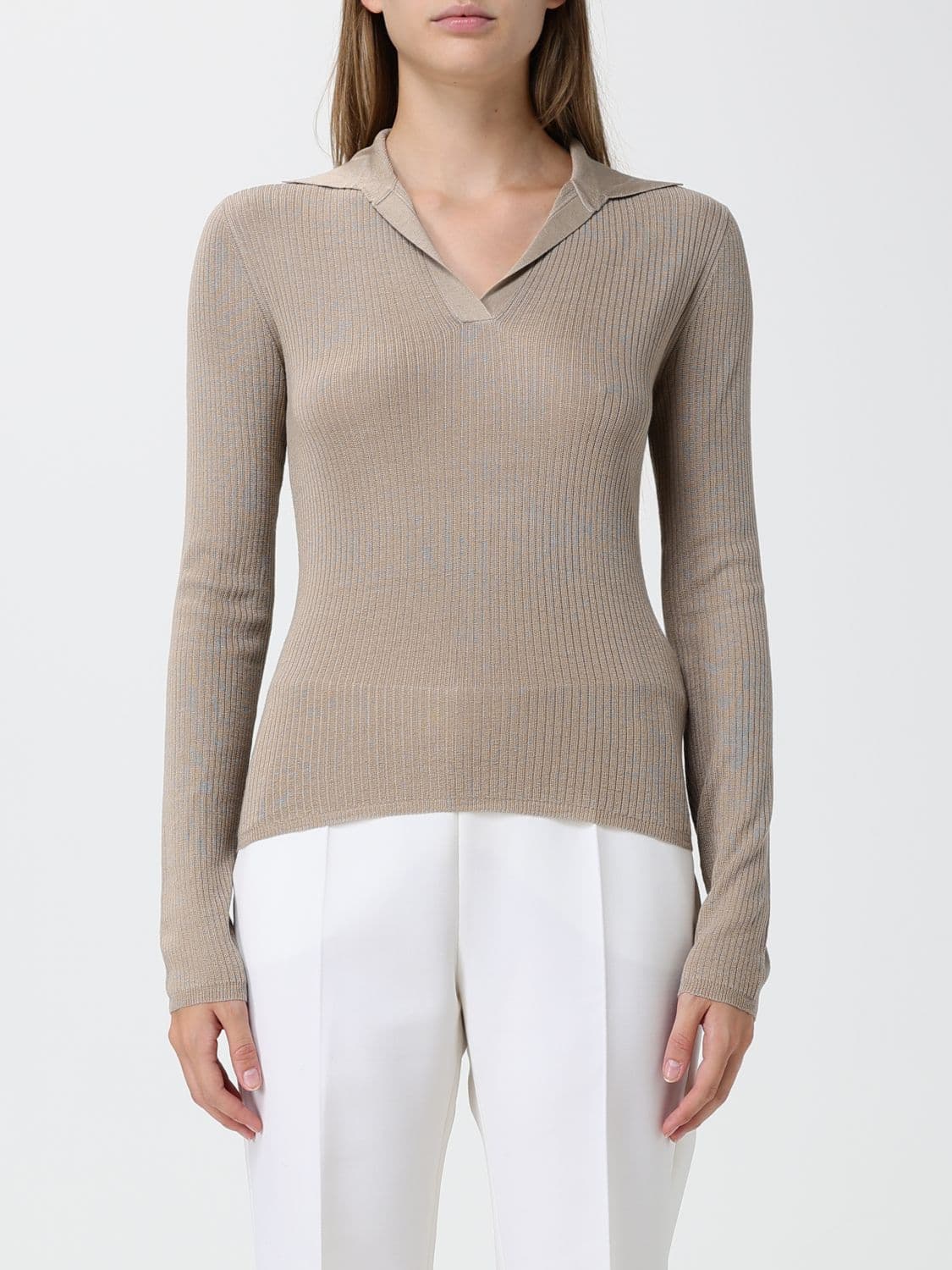 Max Mara Ribbed Silk and Cashmere Knit Polo with V-Neck and Slim Fit
