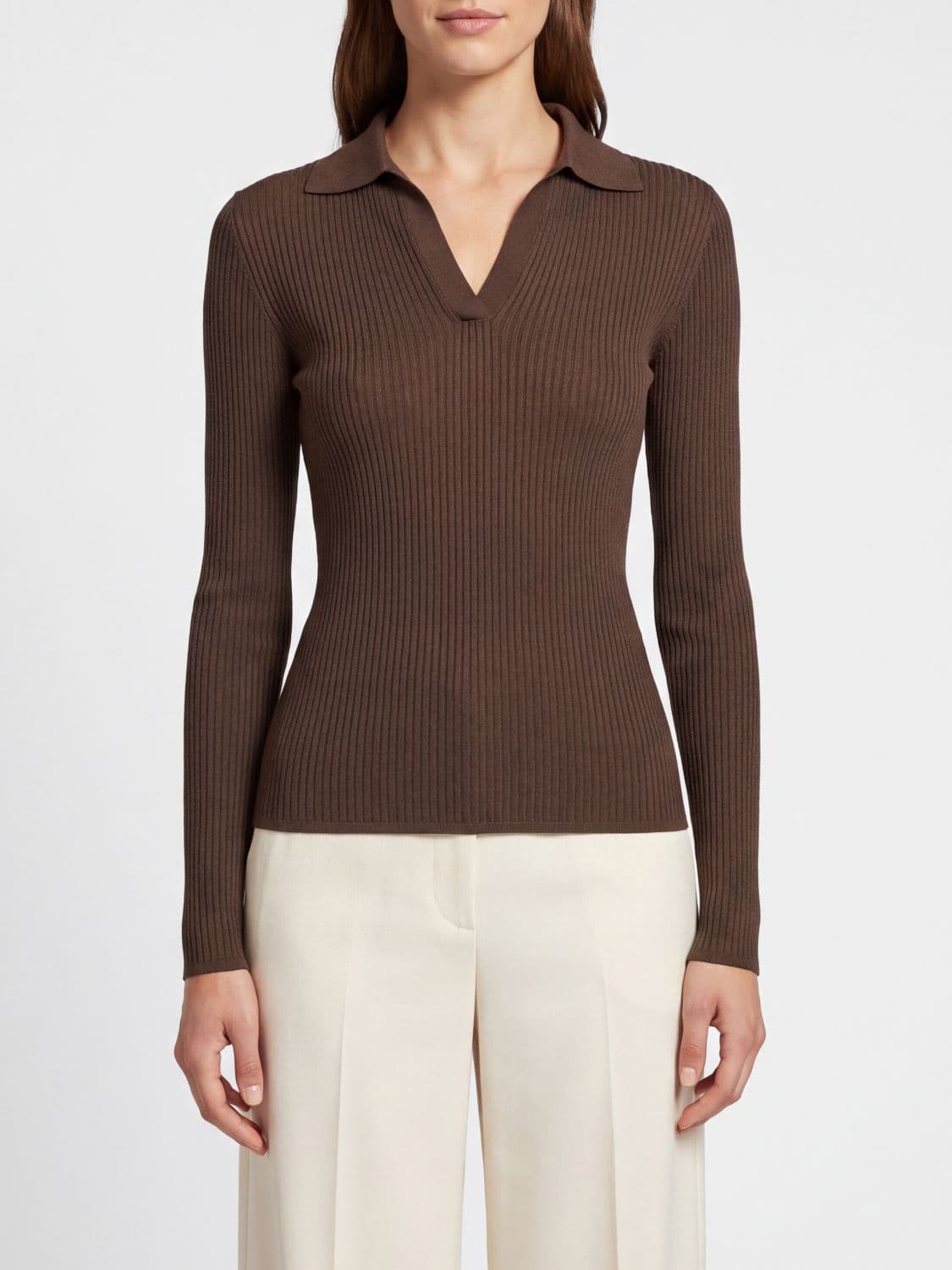 Max Mara Ribbed Silk and Cashmere Knit Polo with V-Neck and Slim Fit