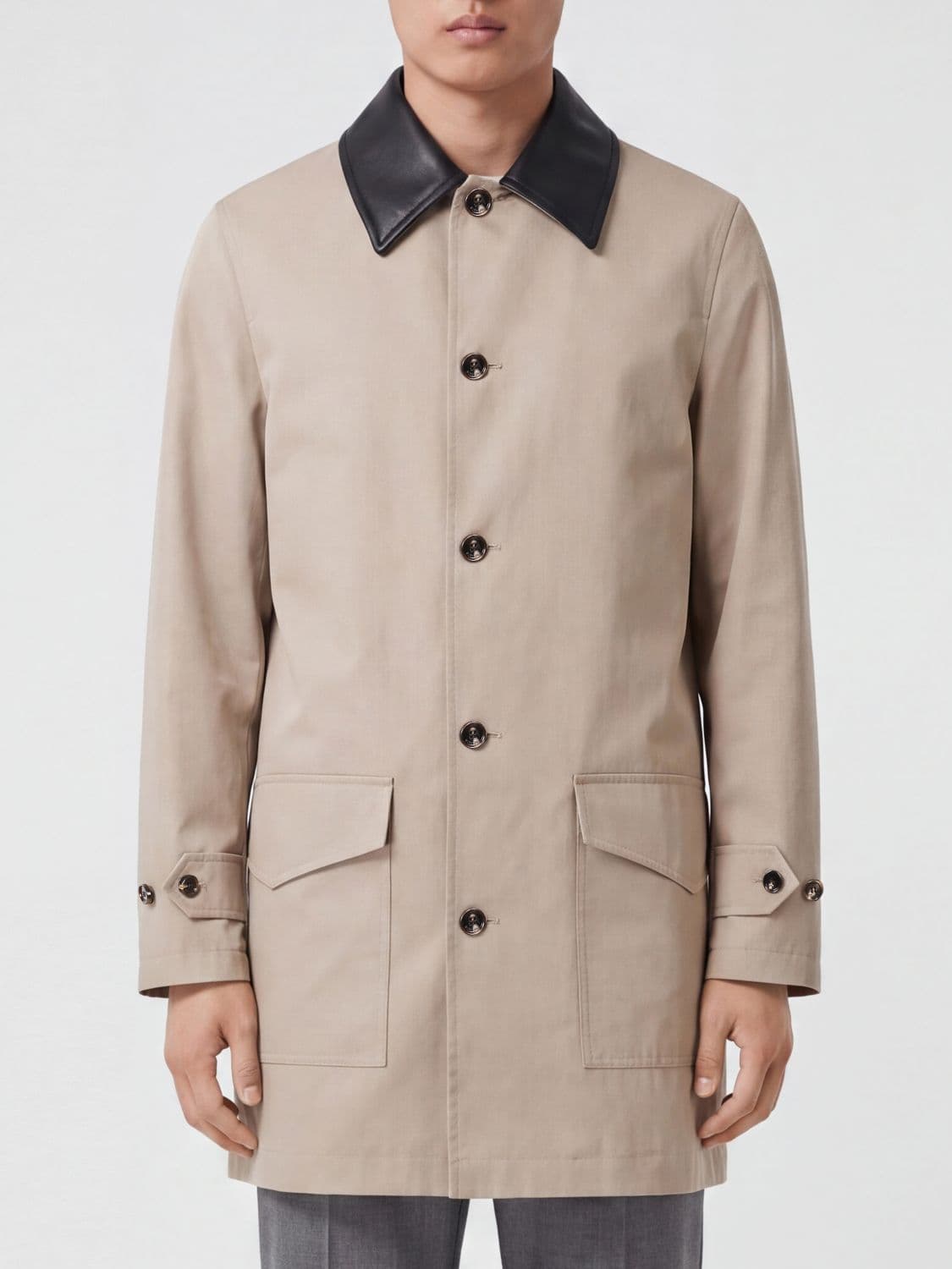 Burberry Knee-Length Cotton Trench Coat with Contrast Leather Collar