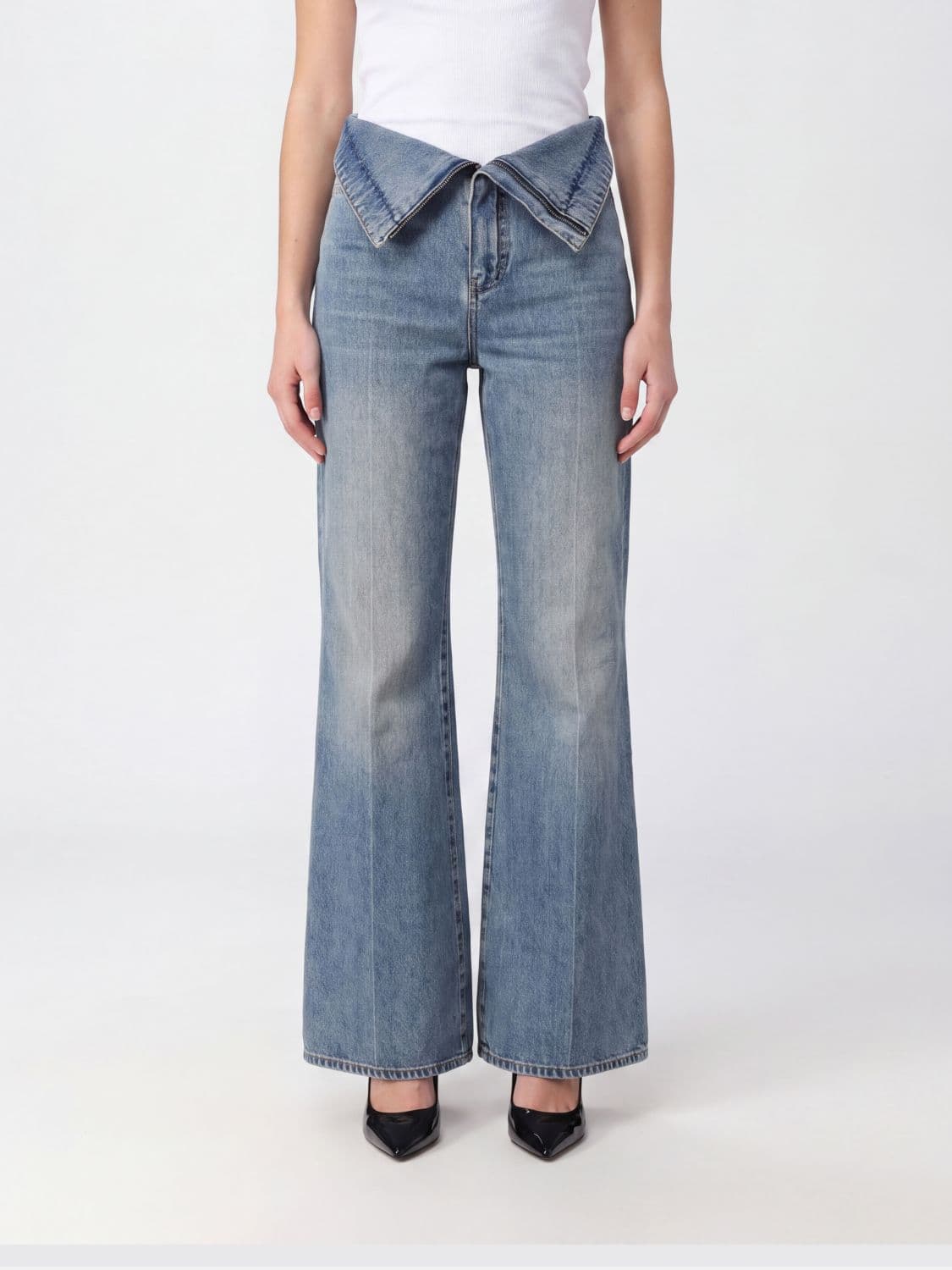 Mcqueen High-Waisted Flared Jeans in Cotton Denim with Distressed Effect