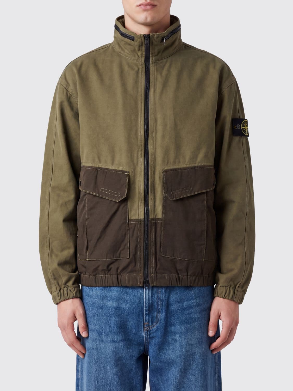 Stone Island Organic Cotton Bomber Jacket with Packable Hood and Logo