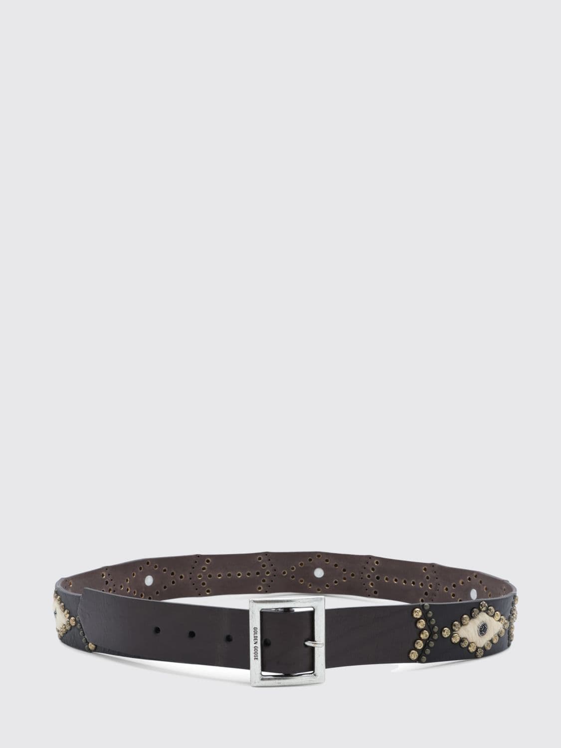Golden Goose Leather and Pony-Effect Belt with Studs and Engraved Buckle