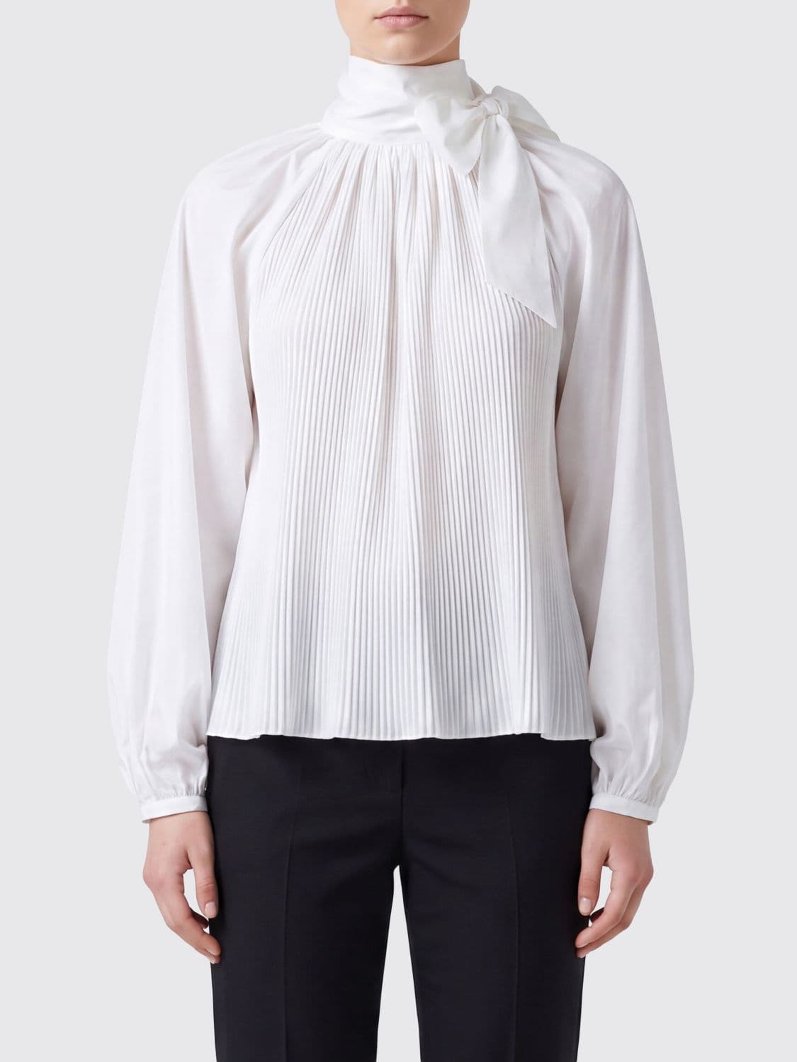 Max Mara Pleated Silk-Blend Blouse with Scarf-Neck and Long Sleeves
