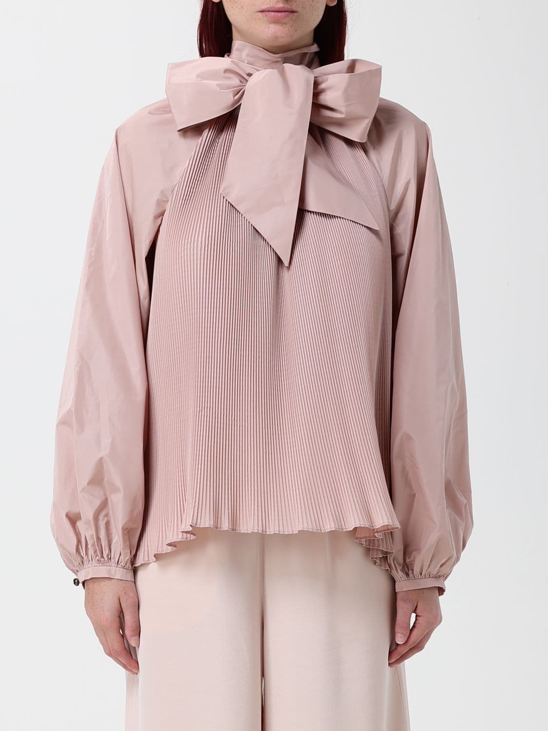 Max Mara Pleated Silk-Blend Blouse with Scarf-Neck and Long Sleeves