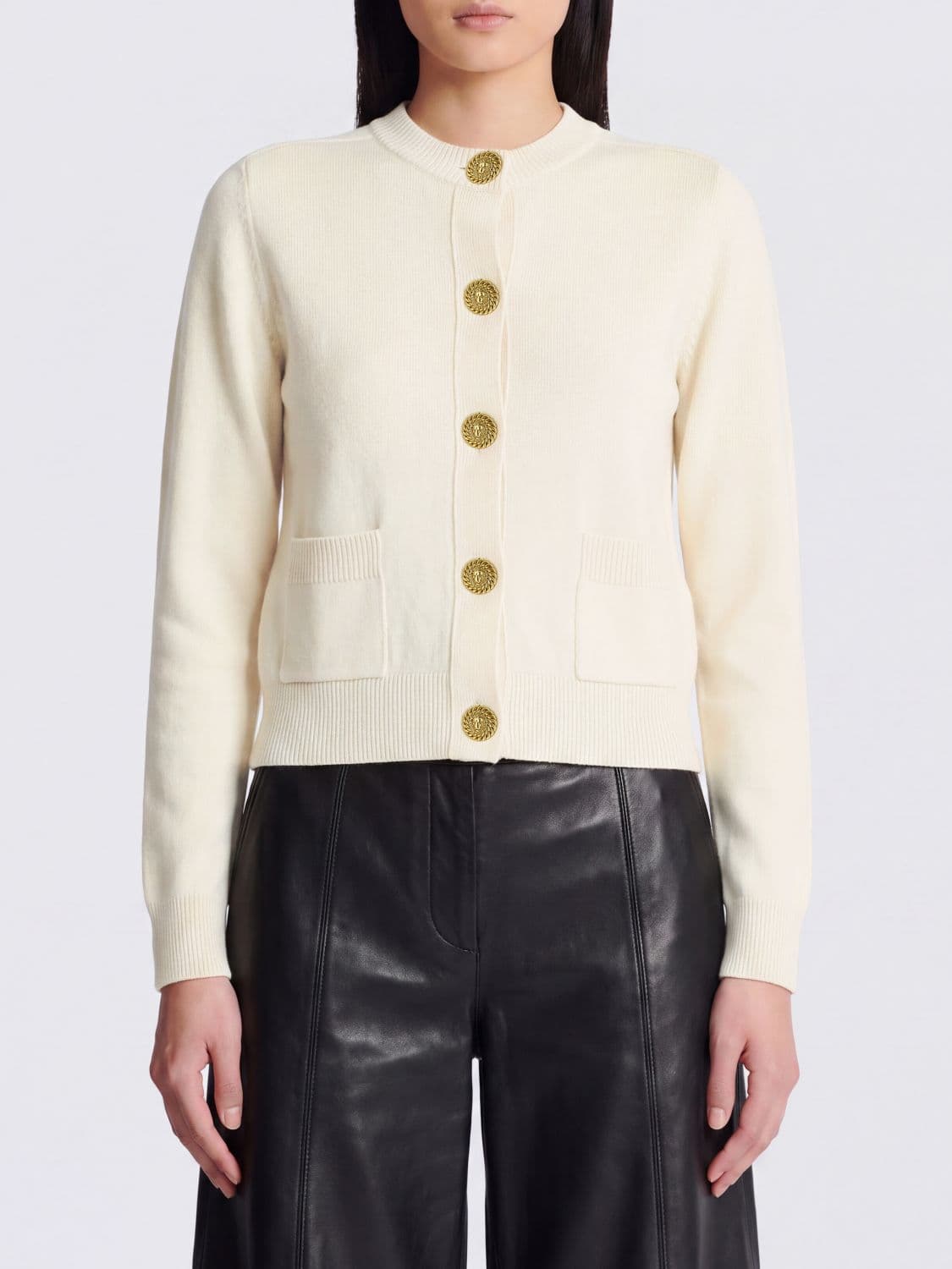 Balmain Wool Crewneck Cardigan with Patch Pockets and Embossed Buttons