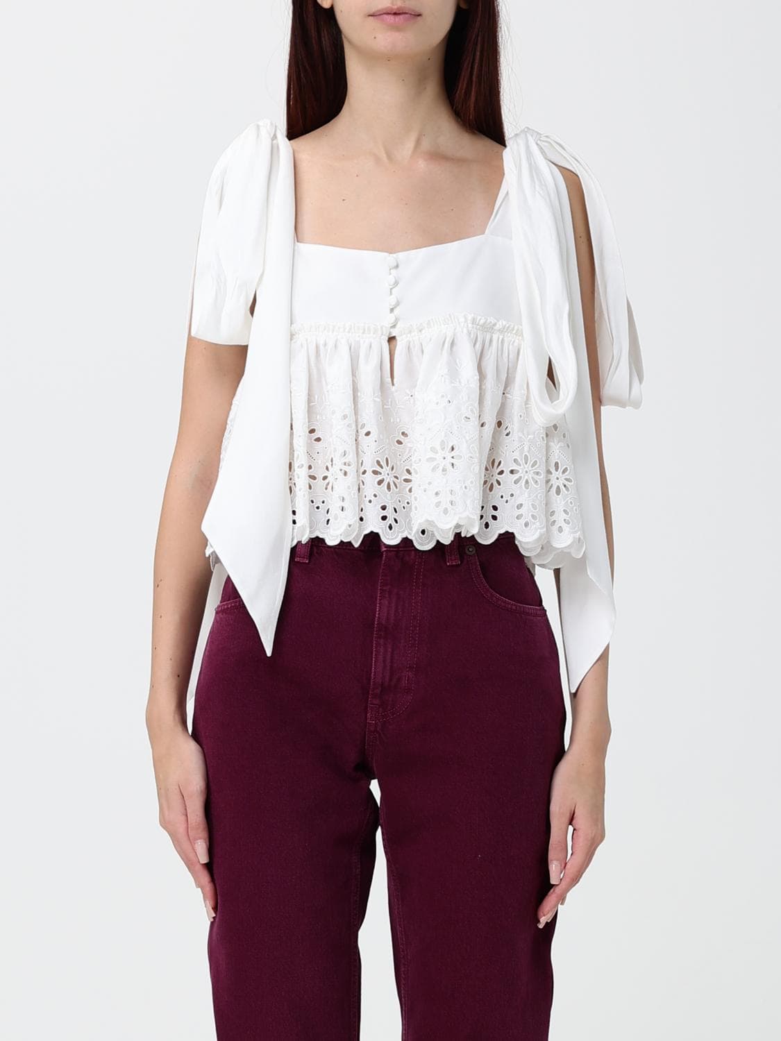 Chloé Cropped Top in Broderie Anglaise with a Square Neckline and Wavy Hem