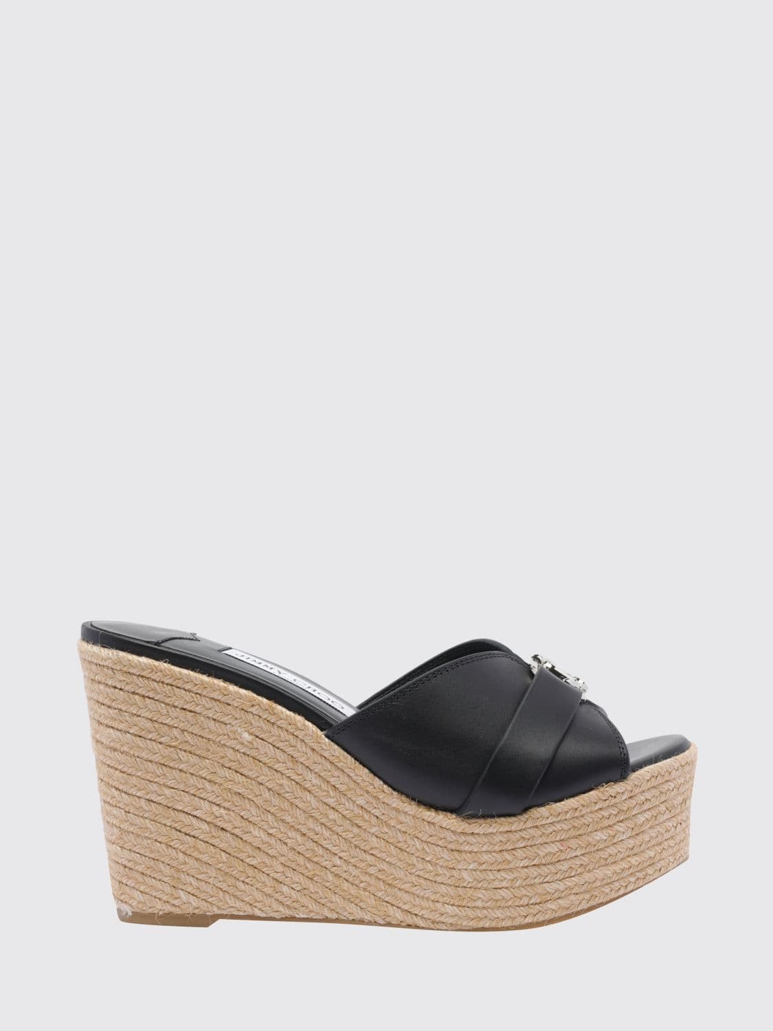 Jimmy Choo Leda Wedge Sandals in Smooth Calfskin with Monogram and High Heel