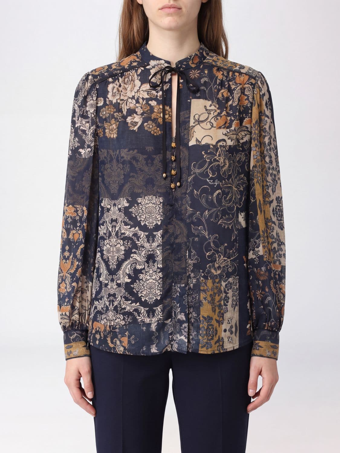 Liu Jo Viscose Shirt with Ethnic Print and Mandarin Collar