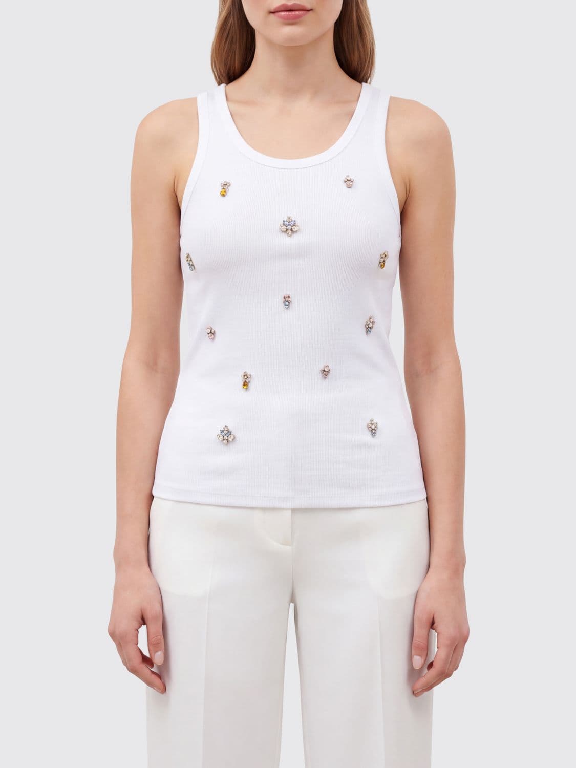 Liu Jo Slim Fit Sleeveless Cotton Top with Crystal Embellishment