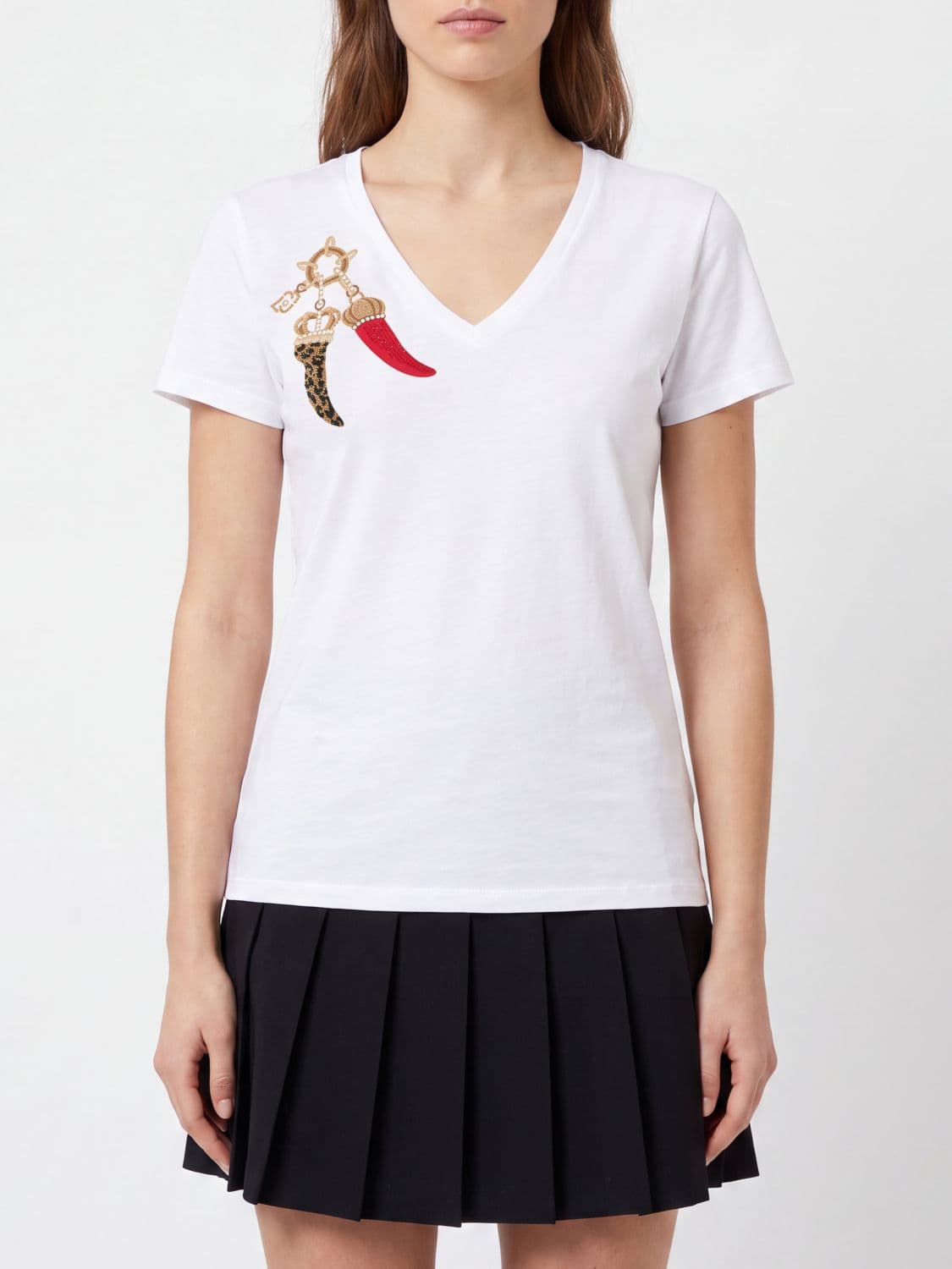 Liu Jo Slim Fit V-Neck Cotton T-shirt with Rhinestone Embroidery