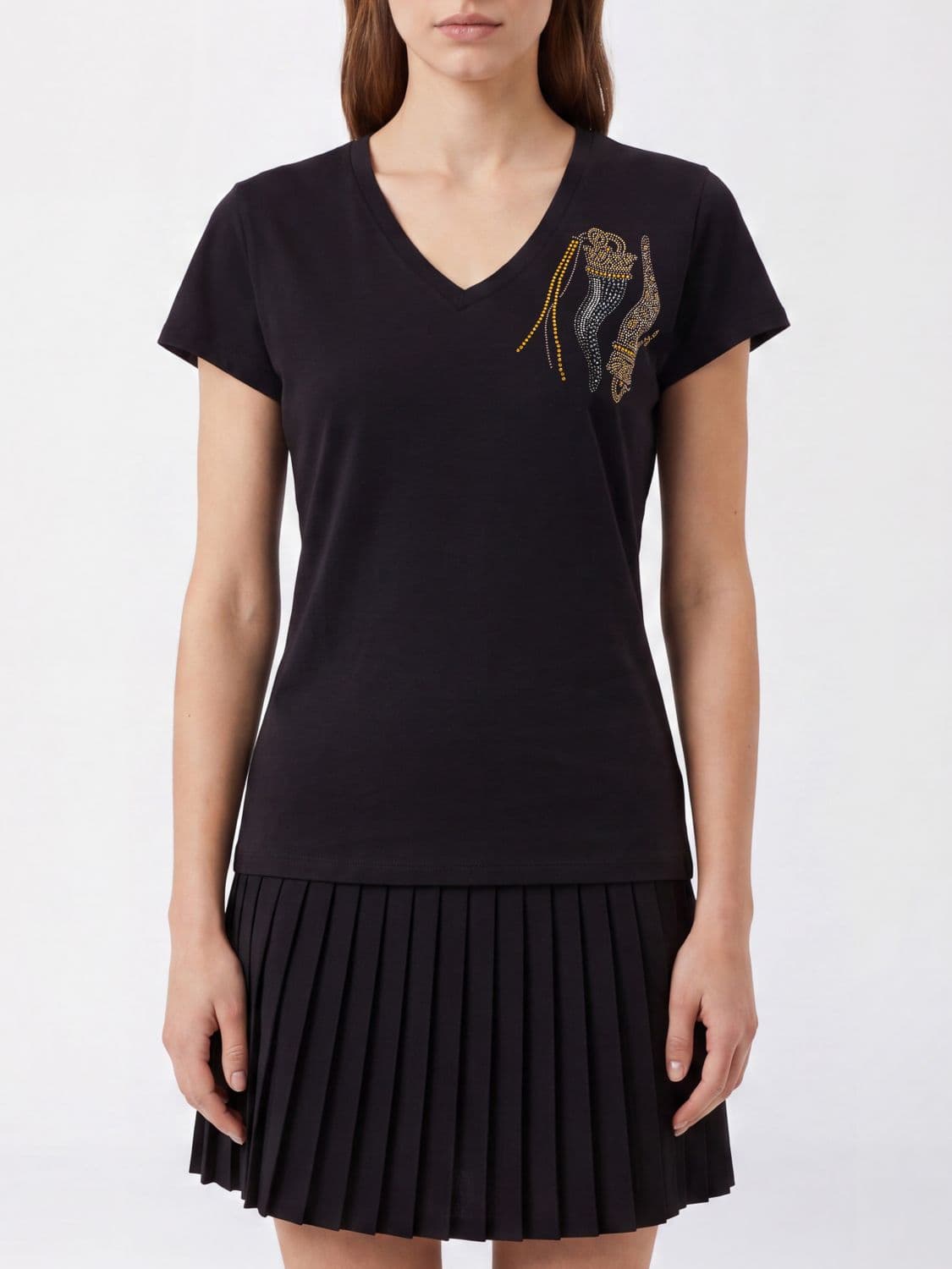Liu Jo Slim Fit V-Neck Cotton T-shirt with Rhinestone Embroidery
