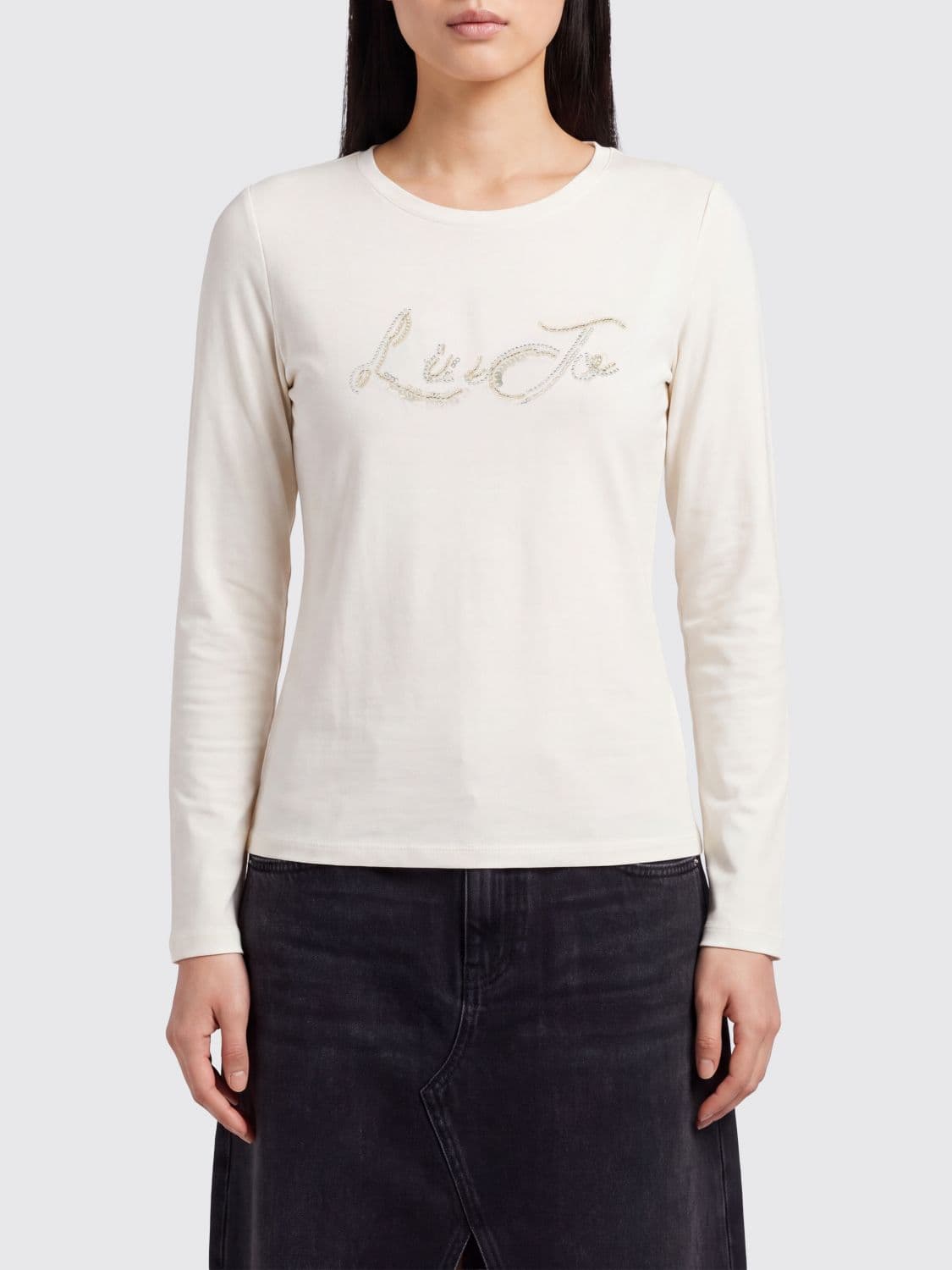 Liu Jo Slim Fit Long-Sleeved Cotton T-shirt with Rhinestone Logo