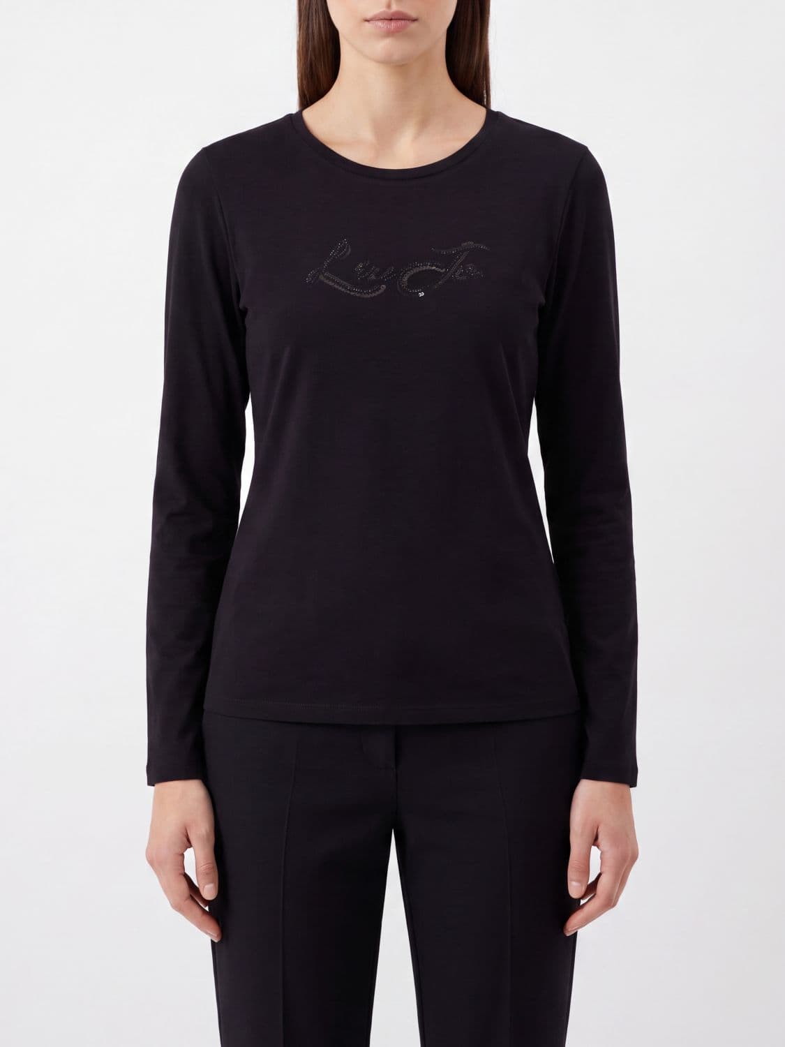 Liu Jo Slim Fit Long-Sleeved Cotton T-shirt with Rhinestone Logo