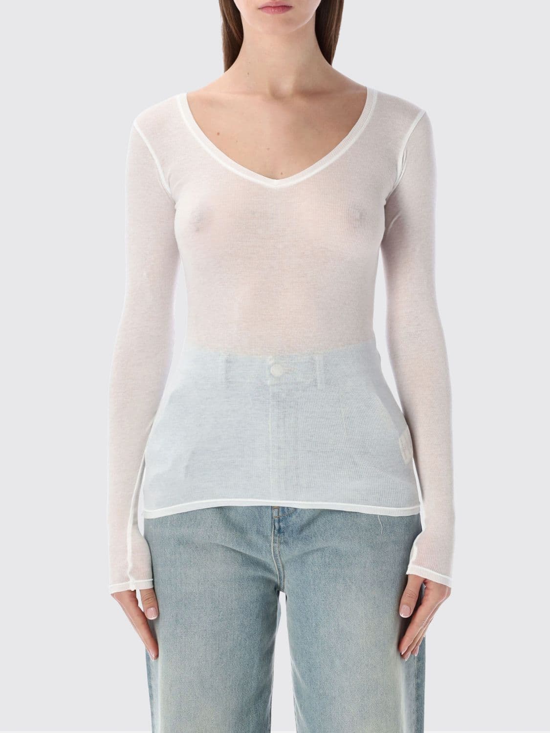 American Vintage Long-Sleeved V-Neck T-shirt in Sheer Cotton
