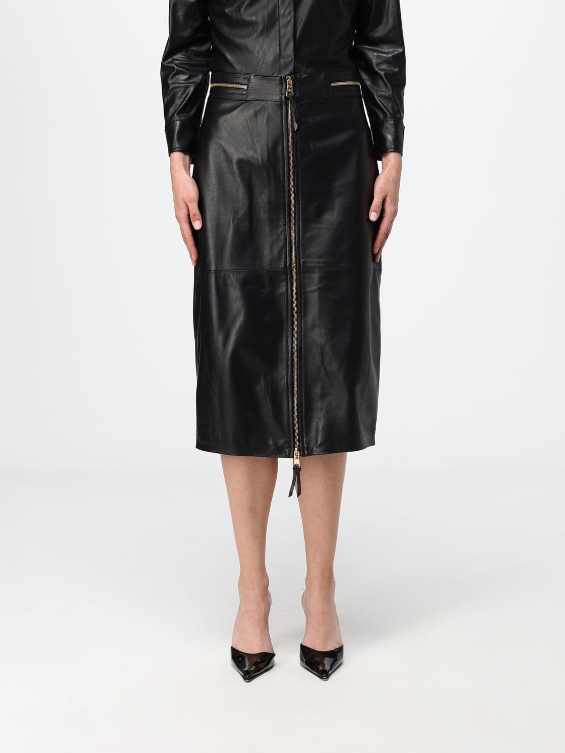 Elisabetta Franchi Lambskin Leather Midi Pencil Skirt with Two-Way Zipper