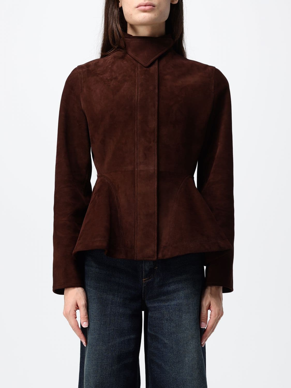 Alaïa Slim Fit Suede Leather Short Jacket with High Neck