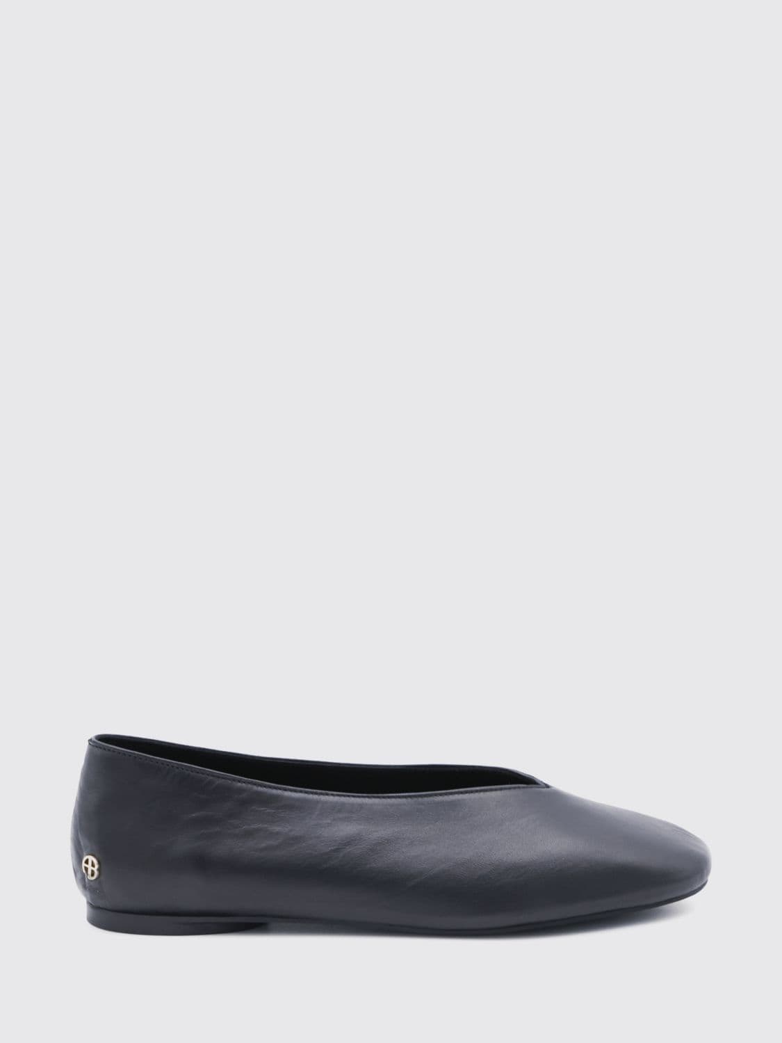 Anine Bing Smooth Leather Ballet Flats with Round Toe and Metallic Monogram