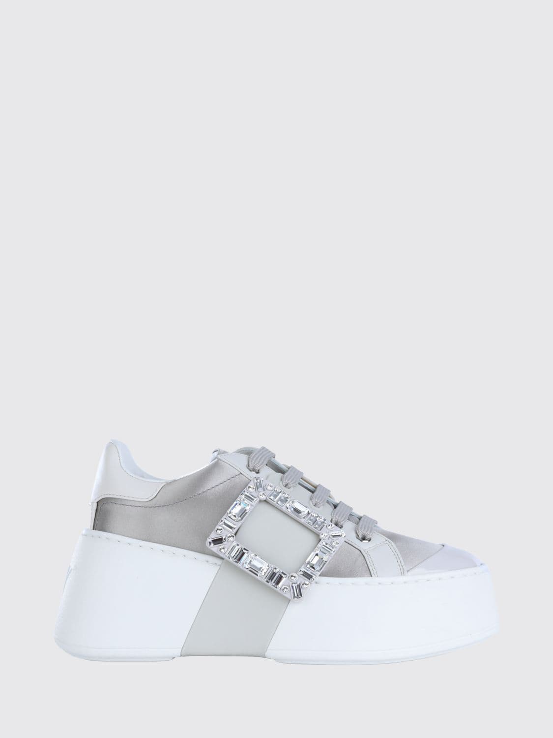 Roger Vivier Viv' Skate Satin Low-Top Trainers with Wedge and Jewel Buckle