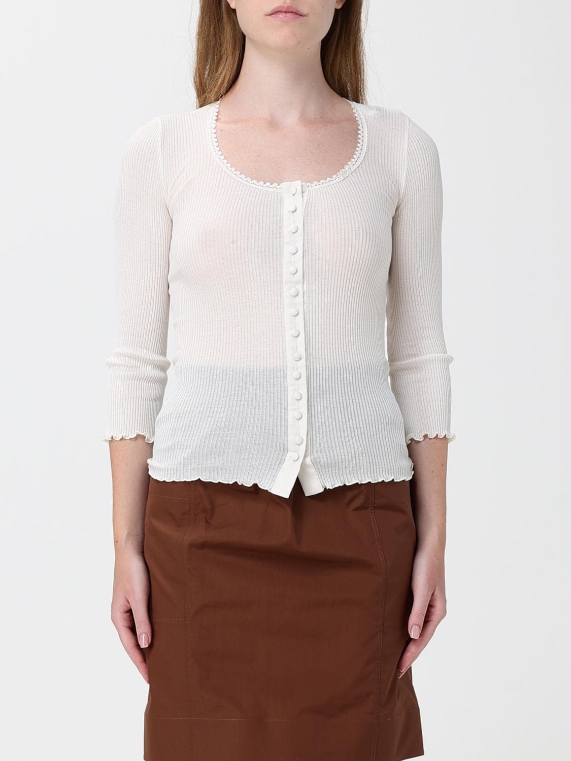Chloé Ruffled Slim Fit Ribbed Cotton Knit Top