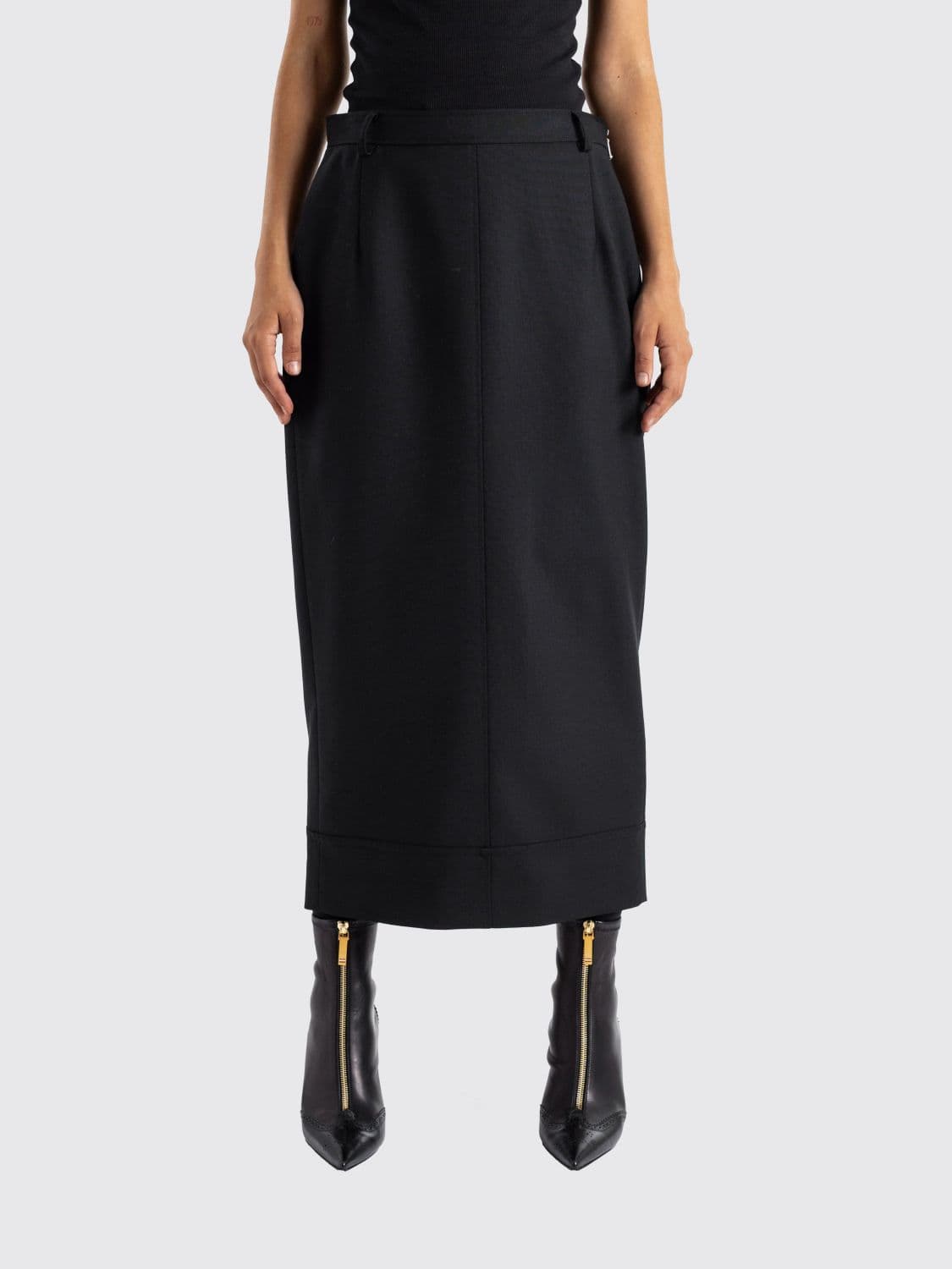 Thom Browne High-Waisted Wool Pencil Skirt with a Midi Length and Back Slit