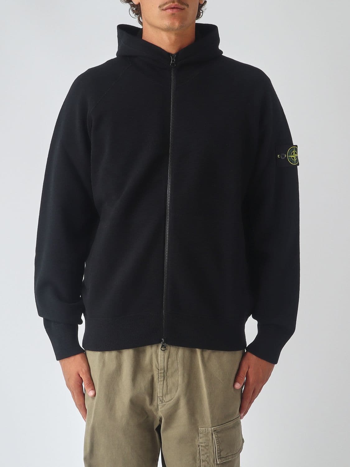 Stone Island Virgin Wool Knit Full-Zip Hoodie with Logo Patch