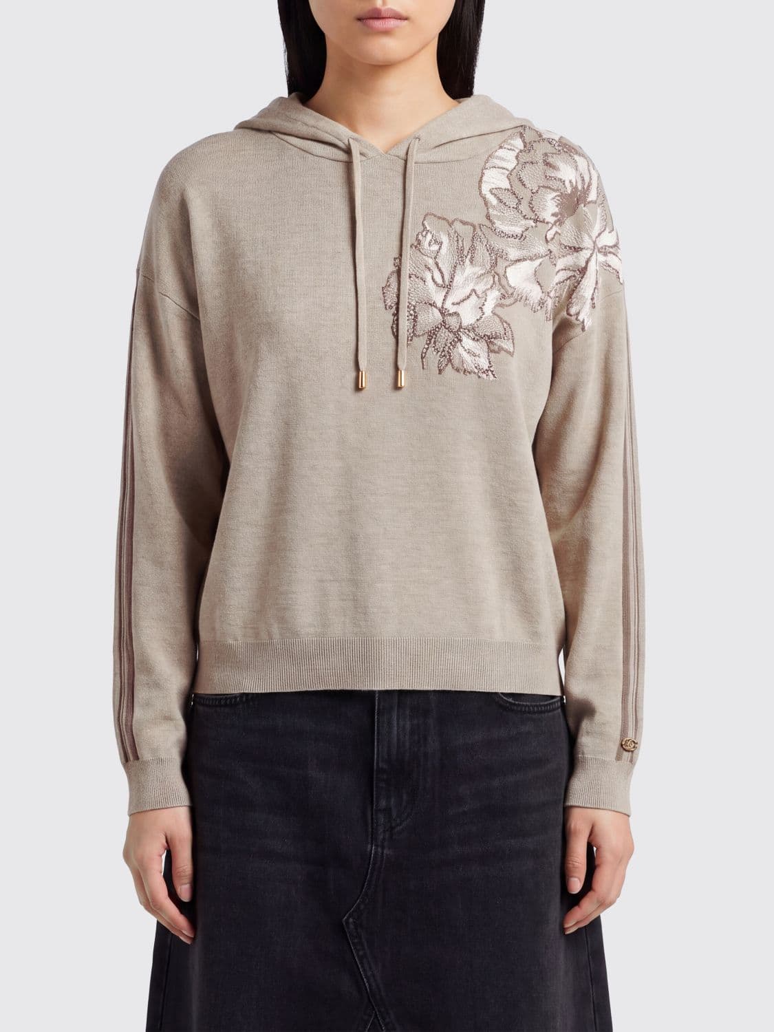 Liu Jo Knit Hoodie with Adjustable Hood and All-Over Floral Print