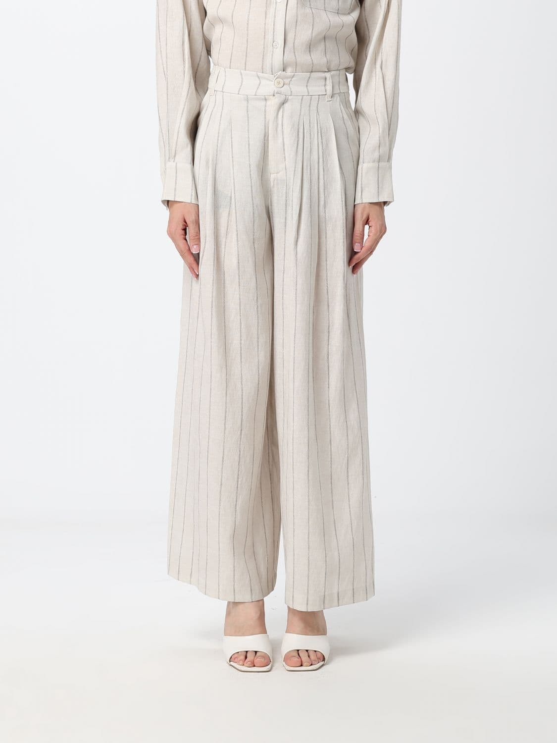 Eleh High-Waisted Striped Linen-Blend Palazzo Trousers with Belt Loops