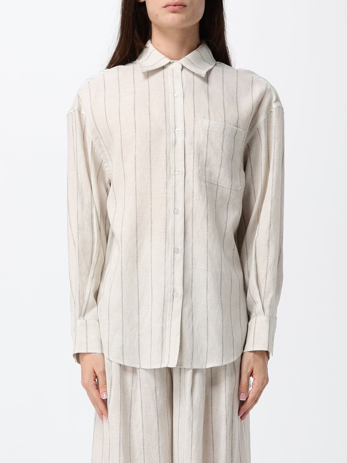 Eleh Relaxed Fit Striped Shirt in Linen Blend with a French Collar
