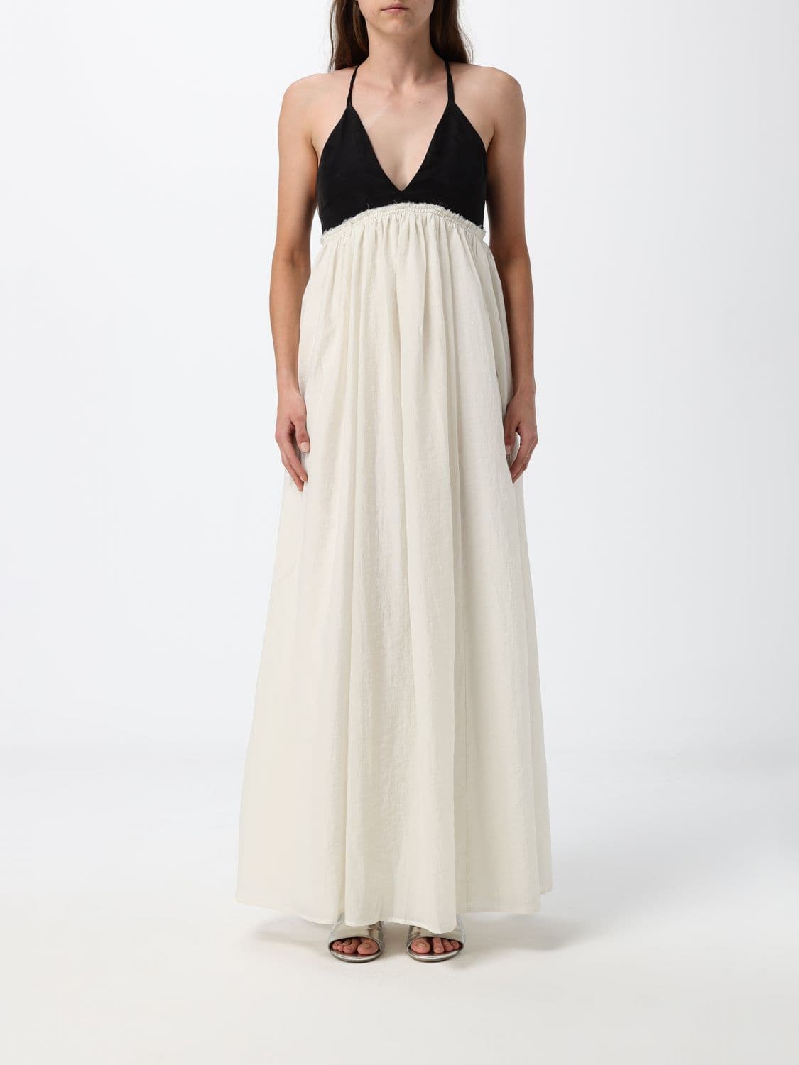 Eleh Abstract Print Cotton Muslin Maxi Dress with Halter Neck and Thin Straps
