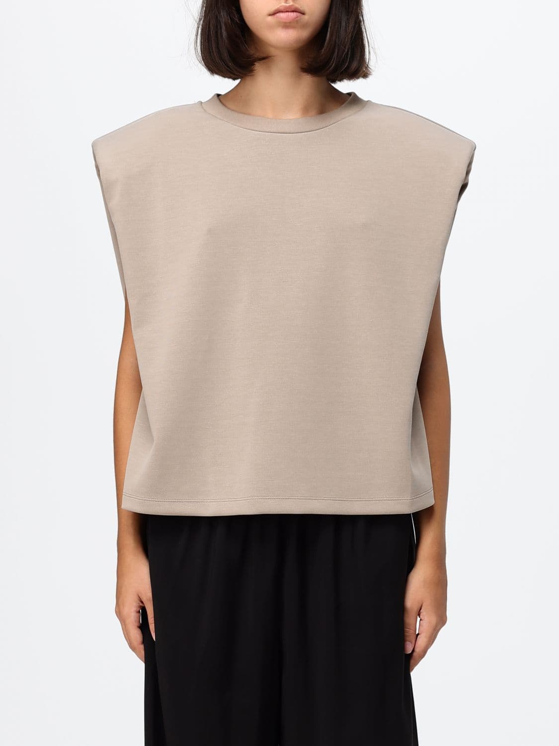 Eleh Sleeveless Viscose Blend Top with Padded Shoulders and Crew Neck