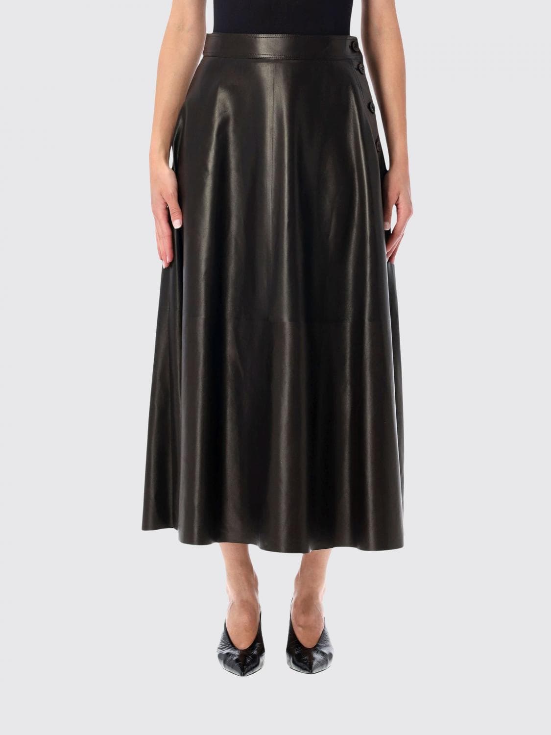 Ralph Lauren High-Waisted A-Line Lamb Leather Midi Skirt with Side Buttons